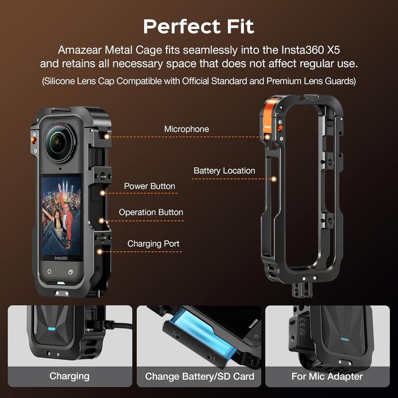 AMAZEAR Metal Protective Case for Insta360 X5 Accessories, Insta 360 X5 Multifunction Utility Frame Aluminum Cage with Quick-Release Base Plate, Various Expansion Mounts - Image 3